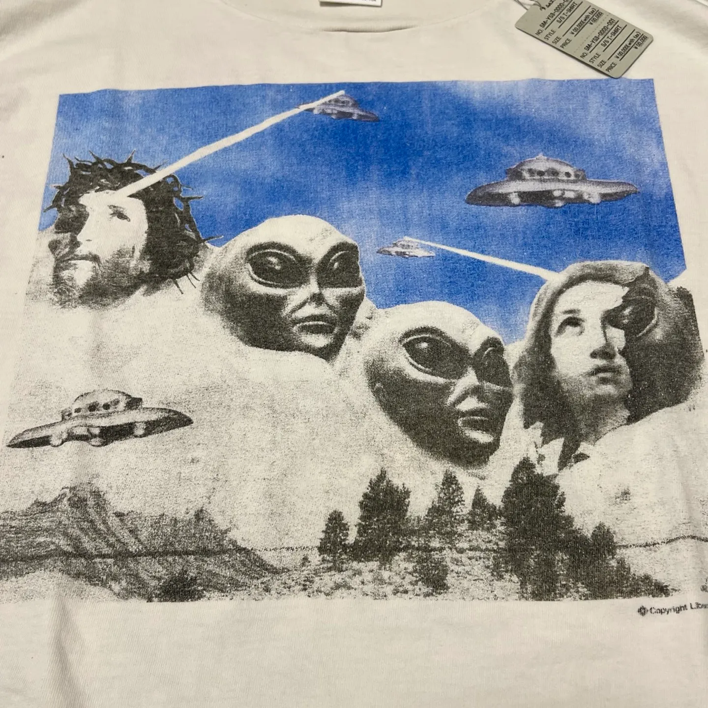 Details of printing and accessories SAINT Mxxxxxx × Sean Wotherspoon SW_SS TEE/KIKI/WHT Alien Crisis/Alien President Mountain TEE Off-white S-XL Super handsome co-branded alien print design Ultra-high difficulty printing restoration High printing difficulty The word 'Crisis' is printed on the body and sleeve bones Correct version Customized SW co-branded accessories/cylindrical fabric without side seams Enzyme heavy washing and water distressing Handmade garments with graffiti and ink splashing